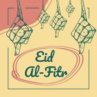 eid al fitr dessiné à la main avec illustration de ketupat vecteur