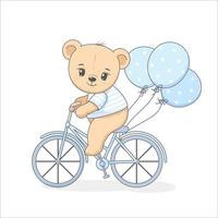 mignon ours en peluche sur un vélo avec des ballons. illustration vectorielle d'un dessin animé. vecteur