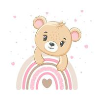 jolie fille d'ours en peluche sur un arc-en-ciel. illustration vectorielle d'un dessin animé. vecteur