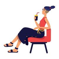 femme élégante avec boisson cocktail assis sur une chaise caractère vectoriel de couleur semi-plat