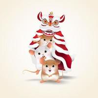 Trois rats exécutent la danse du lion du nouvel an chinois vecteur