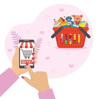 illustration magasin de jouets en ligne. faire du shopping avec un téléphone portable. vecteur