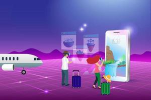 voyage métaverse, technologie de voyage virtuel dans le contexte de l'environnement futuriste du cyberespace. l'homme et la femme portent l'interface d'expérience google glass simulation de voyage 3d.