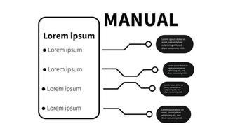 guide d'utilisation des graphiques d'informations pour les produits et une brève explication avec des lignes noires et du texte blanc vecteur