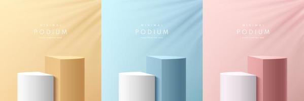 ensemble de podium de support de cylindre 3d jaune, bleu, rose et blanc réaliste dans une salle abstraite propre avec ombre de feuille. scène minimale pour la vitrine des produits, l'affichage de la promotion. plate-forme géométrique vectorielle. vecteur