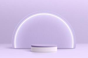 podium de piédestal de cylindre 3d violet et blanc réaliste avec lampe demi-cercle au néon brillant. scène minimale pour la vitrine des produits, l'affichage de la promotion. plate-forme géométrique vectorielle. salle de studio abstrait vecteur
