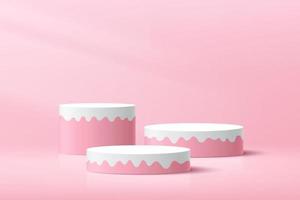 podium de piédestal de cylindre rose doux et blanc. plate-forme de forme fluide moderne. scène murale minimale rose vif. salle abstraite de couleur pastel. rendu vectoriel forme géométrique 3d pour la présentation du produit.