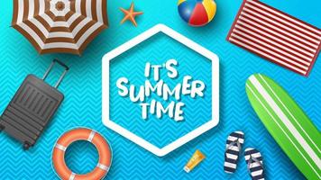 illustration vectorielle de vacances d'été avec ballon de plage, feuilles de palmier, planche de surf et lettre de typographie sur fond de modèle. vecteur