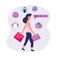 Femme avec des sacs à provisions et des icônes de shopping vecteur