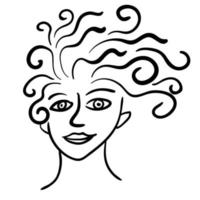fille aux cheveux bouclés dessinés à la main, isolée sur fond blanc. vecteur