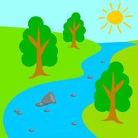 vallée de la rivière de dessin animé dans un style plat. journée ensoleillée dans le parc. forêt d'été. vecteur