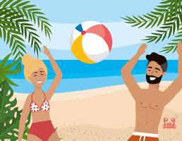 Femme et homme à la barbe jouant avec un ballon de plage vecteur