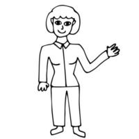 dessin animé doodle linéaire femme pointant isolé sur fond blanc. vecteur
