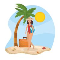 Femme en maillot de bain à la plage avec sac et valise vecteur