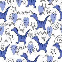 motif mignon avec des dinosaures et des griffonnages linéaires, des animaux de dessin animé en bleu sur fond blanc vecteur