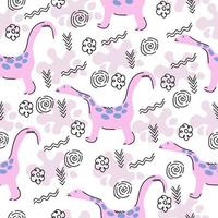 motif mignon avec des dinosaures et des griffonnages linéaires, des animaux de dessin animé roses sur fond blanc vecteur