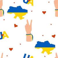modèle sans couture ukrainien. geste de la main, deux doigts, victoire, carte jaune-bleu de l'ukraine, couleurs du drapeau ukrainien sur fond blanc avec des coeurs. illustration vectorielle. pour le design, la décoration, le papier peint vecteur