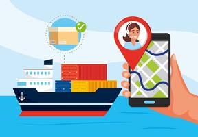 Transport de bateau et main avec smartphone avec gps vecteur