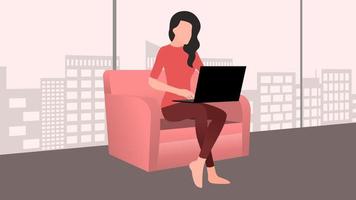 femme travaillant sur un ordinateur portable assis sur un canapé, travail à domicile et illustration vectorielle de caractère d'heure de travail flexible. vecteur