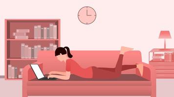 femme travaillant sur un ordinateur portable sur le lit, travail à domicile et illustration vectorielle de caractère d'heure de travail flexible. vecteur