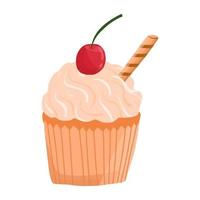 cupcake aux cerises de vecteur dans un style dessiné à la main de dessin animé. délicieux dessert, pâtisserie sucrée