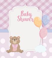 Carte de douche de bébé avec ours en peluche et ballons avec nuage vecteur