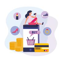 Femme avec smartphone et shopping en ligne avec carte de crédit vecteur