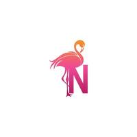 icône oiseau flamant rose avec vecteur de conception de logo lettre n