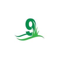 numéro 9 derrière un vecteur de conception de logo icône herbe verte