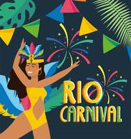 Affiche de carnaval de Rio avec une danseuse en costume avec bannière vecteur