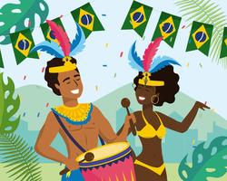 Musicien de carnaval masculin et féminin et danseur avec bannière du drapeau brésilien vecteur