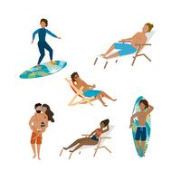 Ensemble d&#39;hommes et de femmes surfer et assis sur une chaise de plage vecteur