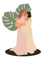 mariage de deux femmes lesbiennes en robe de mariée sur fond de palmiers. amour libre.