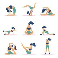 ensemble d'images vectorielles de femmes sportives faisant du yoga et du pilates sur le tapis et faisant des pratiques respiratoires. vecteur