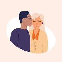 un homme embrasse une femme sur la joue. illustration vectorielle de plat de personnage de dessin animé. relations familiales et amoureuses vecteur