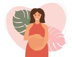 une femme enceinte serre son gros ventre nu avec son bébé. jolie future mère sur fond rose. illustration plate de vecteur. l'accouchement et la maternité. vecteur