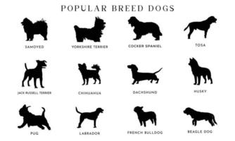 collection de silhouettes vectorielles différentes races de chiens sur fond blanc.