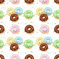 modèle sans couture de beignets drôles multicolores avec des yeux en glaçage au sucre et chocolat. illustration vectorielle isolée sur fond blanc. vecteur