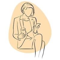 femme d'affaires assise et les yeux sur le smartphone. dessin au trait. vecteur