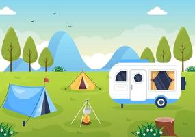 illustration de fond de camping-car avec tente, feu de camp, bois de chauffage, camping-car et son équipement pour les personnes en voyage d'aventure ou en vacances dans la forêt ou les montagnes vecteur