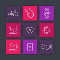 cardio, fitness, entraînement cardiaque, icônes de ligne carrée, pictogrammes, illustration vectorielle vecteur