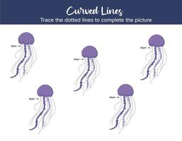 feuille de calcul préscolaire, tracez les lignes courbes. feuille de travail d'illustration vectorielle de méduses pour la maternelle. livre de pratique d'écriture d'activité éducative pour la motricité fine. vecteur