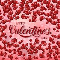 lettrage à la main de calligraphie joyeuse saint valentin sur fond rose avec des ballons coeur volant 3d. carte de voeux Saint Valentin. modèle vectoriel facile à modifier