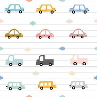 joli motif harmonieux pour enfants modèle de voiture coloré sur fond nuageux et idées de conception de cahier à motifs utilisées pour l'impression d'arrière-plan, produit pour bébé, emballage cadeau, textile, images vectorielles. vecteur