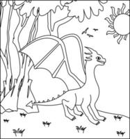 page de coloriage de dragon 9. dragon mignon avec la nature, herbe verte, arbres sur fond, page de coloriage noir et blanc de vecteur. vecteur