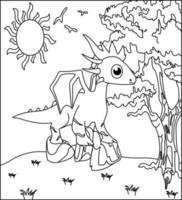 page de coloriage de dragon 4. dragon mignon avec la nature, herbe verte, arbres sur fond, page de coloriage noir et blanc de vecteur. vecteur