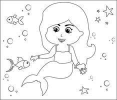 page de coloriage de sirène 12, jolie sirène avec des poissons rouges, herbe verte, bulles d'eau sur fond, page de coloriage vectorielle en noir et blanc. vecteur