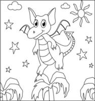 dragon coloriage page 50. dragon mignon avec nature, herbe verte, arbres sur fond, page de coloriage noir et blanc de vecteur. vecteur