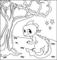 dragon coloriage page 30. dragon mignon avec nature, herbe verte, arbres sur fond, page de coloriage noir et blanc de vecteur. vecteur