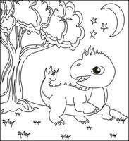 page de coloriage de dragon 22. dragon mignon avec la nature, l'herbe verte, les arbres sur le fond, la page de coloration de vecteur noir et blanc.